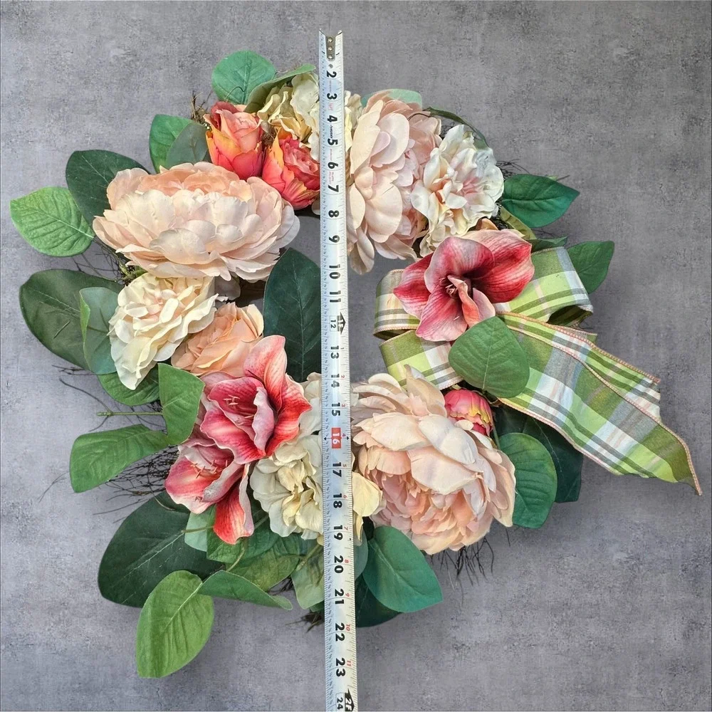 Spring‎ Floral Wreath Peony Hydrangea Faux Flowers Green Plaid Bow 22
